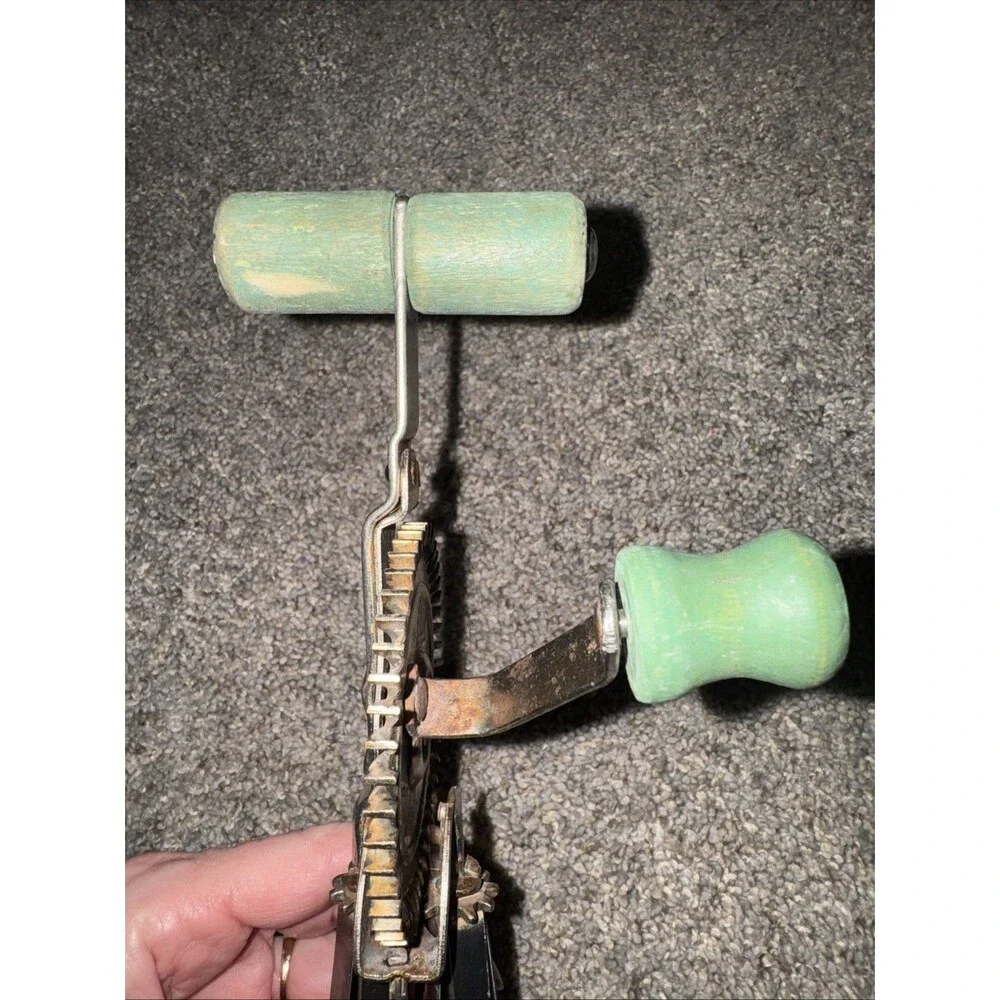 Vtg LADD Hand Crank Egg Beater Mixer Green Wood Handle Farmhouse Antique NY USA